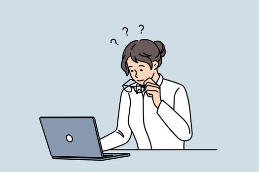 Businesswoman take off glasses look at screen shocked by unexpected news online on computer. Frustrated female employee surprised confused with laptop notification or notice. Vector illustration.