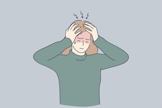 Stress, headache, depression concept. Unhappy depressed stressed young girl touching head with fingers, feeling headache, stress and exhaustion. Pain and grief illustration
