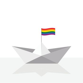 Origami paper ship with reflection and rainbow flag. LGBT concept. Vector flat illustration.
