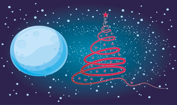 Christmas tree art on moon and stars background