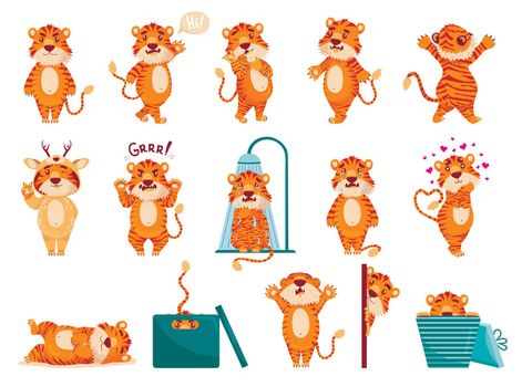 Big set of cartoon cute tigers stickers. different emotions. on white background