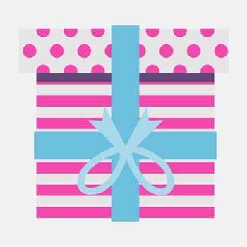 Gift white box with pink stripes and pink circles on box lid. Light blue tape ties up packaging. Large blue bow fixates ribbon knot. Design for surprise, holiday, birthday, Christmas. Front view.