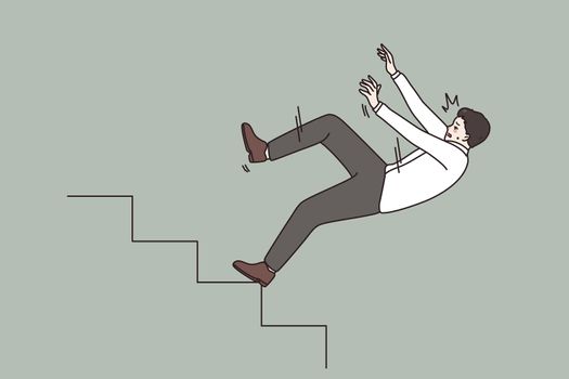 Business crisis and failure concept. Young stressed businessman manager falling down from ladder stairs feeling panic and fear vector illustration