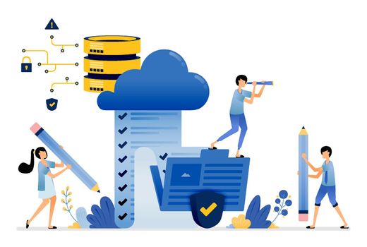 Illustration of upload and access storage of survey results from folder to secure cloud database service. Vector design can be use for website, web, poster, banner, flyer, mobile apps, social media