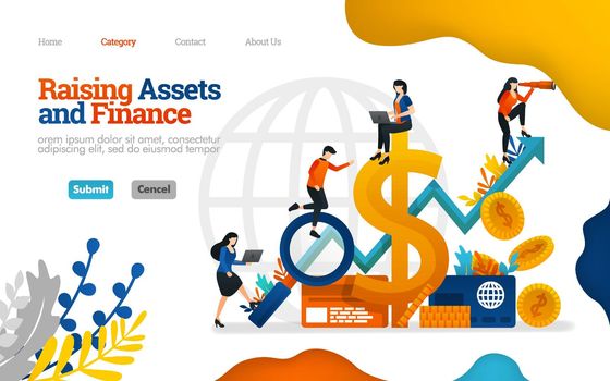 Raising Assets and Finance. grow profits in business, finance, investment and industry. Vector flat illustration concept, can use for, landing page, template, ui, web, homepage, poster, banner, flyer