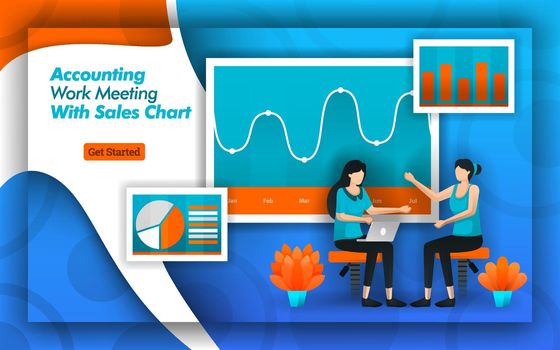 Accounting companies provide accounting work meeting services with sales chart for the accuracy of data with certified bookkeeper. Outsourcing and Banking need financial bookkeeping. Flat vector style