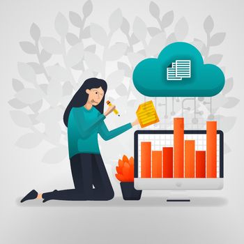female workers change the sales chart data from cloud storage. flat cartoon vector illustration