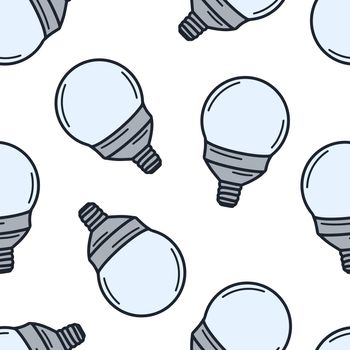Fluorescent coldlight bulbs seamless pattern. Background with round bulbs doodle style vector illustration. Template for design, wallpaper, packaging and paper.