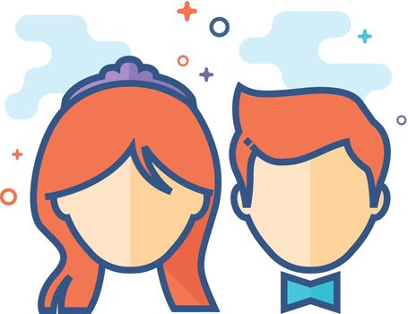 Bride and groom icon in outlined flat color style. Vector illustration.