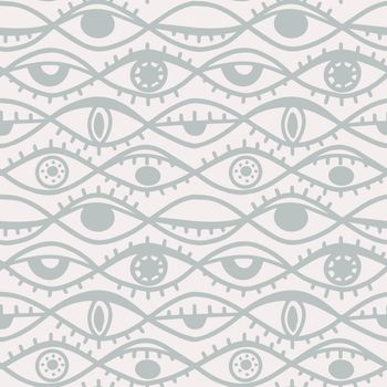 hand-drawn different eyes seamless pattern light dusty palette, endless background with eye symbol of magic esoteric divination.