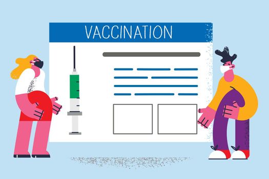 Vaccination and injection during pandemic concept. Young people in masks standing near huge board with syringe and vaccination lettering vector illustration