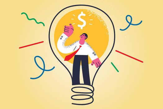 Startup, innovation and creative ideas concept. Young smiling businessman cartoon character standing in huge light bulb with dollar sign inside vector illustration