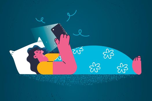 Addiction to phone and internet concept. Young smiling woman cartoon character lying in bed at night looking at bright smartphone screen vector illustration