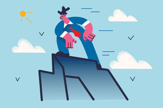 Winning in business, success, achievement concept. Young smiling businessman cartoon character standing on top peak of hill looking confident feeling proud vector illustration