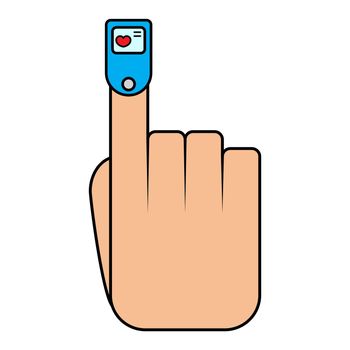 Oximeter on finger. Measurement of pulse and saturation of blood with oxygen. Medical equipment, cardio test. Healthcare concept. Monitoring health. Flat cartoon vector illustration