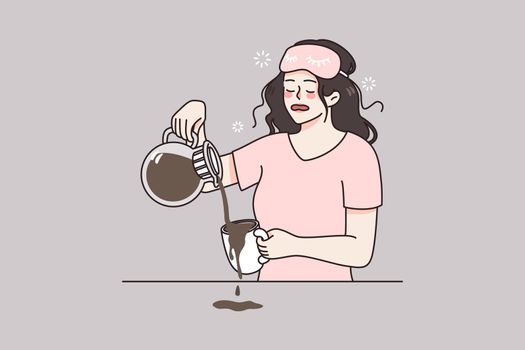 Sleepy tired young woman make coffee in morning feel fatigue after sleepless night. Drowsy girl exhausted need sleep relaxation. Early wakeup and exhaustion. Stress and burnout. Vector illustration.