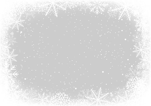 Snow frame Christmas on light gray backdrop. Holiday cartoon background snowfall. Seasonal decoration template