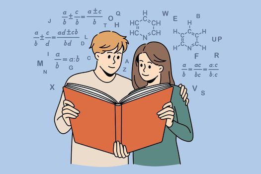 Learning mathematics and studying concept. Positive boy and girl students pupils standing reading together book about maths formulas preparing for exam vector illustration