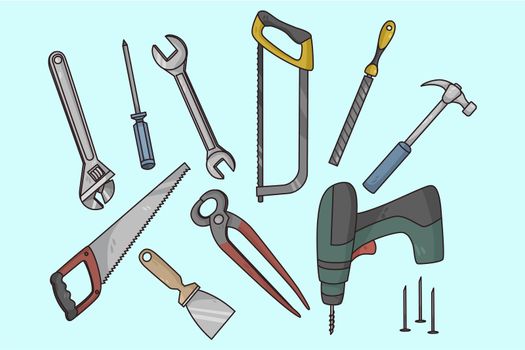 Collection of work tools for carpentry and woodwork. Set of building and repair instruments or equipment for masonry. Home renovation kit. Electric and manual toolkit. Flat vector illustration.