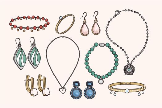 Colorful collection of jewelry with precious gemstones. Set of women accessories with pearls and stones. Earrings, necklace and bracelet. Gem jewels for fashion boutique. Flat vector illustration.