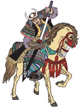 A Japanese samurai rider sitting on horseback, wearing medieval leather armour and holding a katana sword. Asian Cavalry Warrior. Medieval East Asia soldier riding a pony horse. Isolated vector illustration