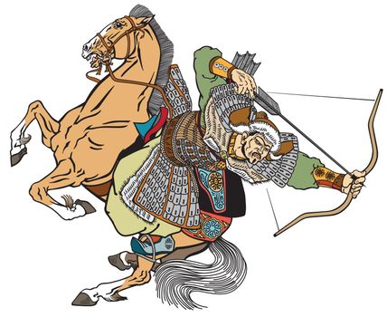 Mongol archer warrior on a horseback riding a pony horse and shooting a bow and arrow. Medieval time of Genghis Khan. Ancient East Asian cavalry. Isolated vector illustration