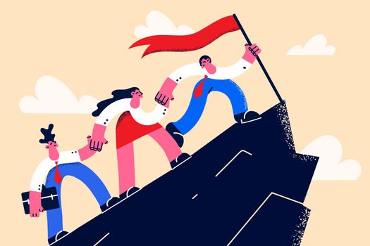 Business success, teamwork and achievement concept. Young businessman climbing up ladder to get golden first trophy while colleagues supporting him from downstairs vector illustration