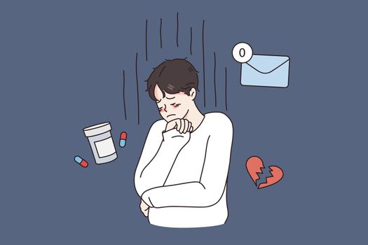 Unhappy young man feel distressed suffer from depression or anxiety, have medication antidepressants. Sad, lonely guy stressed with solitude and loneliness. Mental problem. Flat vector illustration.