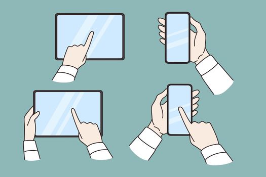 People hold various gadgets text message online. Men and women use modern devices cellphones and tablets browse internet. Technology and communication concept. Vector illustration.