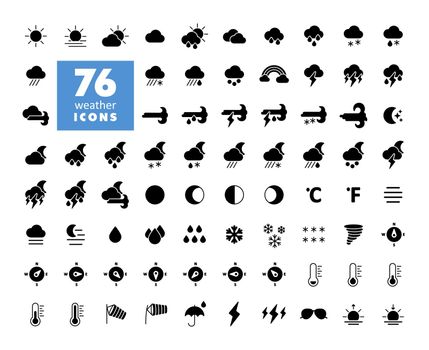 Vector weather forecast glyph icon set. Meteorology sign. Graph symbol for travel, tourism and weather web site and apps design, logo, app, UI