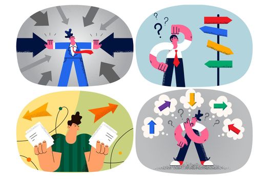 Diverse business people confused with decisions solve work problem. Businesspeople feel frustrated troubled have dilemma with developing or planning. Solution concept. Vector illustration. Set.