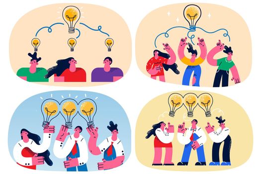 Diverse colleagues engaged in creative thinking collaborate together at meeting at workplace. Businesspeople brainstorm work on business idea or plan. Teamwork, innovation. Flat vector illustration.