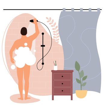 A naked man in white soap bubbles washes at home under the shower in the bathroom. Everyday self-care, hygiene and cleanliness. Vector flat illustration.