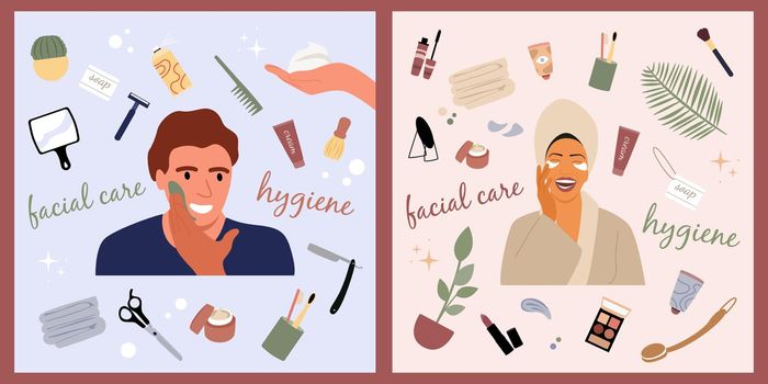 A man and a woman are doing daily grooming procedures. Cosmetics and accessories. Vector illustration flat about self-care