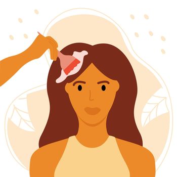 Woman with red hair in the salon for hair coloring. Health and hair dye. Vector flat illustration.