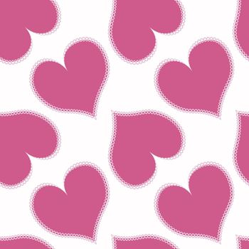 Illustration - Seamless pattern on a square background - hearts made of fabric, patchwork sewing. Design element of books, notebooks, postcards, interior items. Wallpapers, textiles, packaging, background for a website, mobile application or blog. love, valentine, lovers, holiday, textiles, patchwork, patchwork