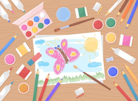 Childrens painting flat color vector illustration. Arts and crafts for kids. Paintbrushes and color palettes. Top view 2D cartoon illustration with desktop on background collection