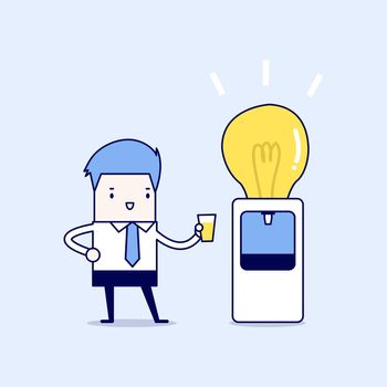 Businessman wants to drink idea from water bulb cooler. Cartoon character thin line style vector.