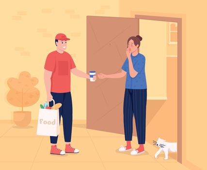 Morning delivery to door flat color vector illustration. Receive coffee and groceries. Courier with customer at entrance 2D cartoon characters with apartment building corridor interior on background