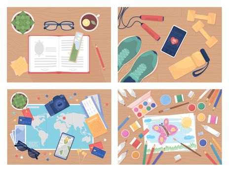 Daily activities flat color vector illustration set. Reading book. Fitness exercises. Planning travel. Drawing for kids. Top view 2D cartoon illustration with desktop on background collection