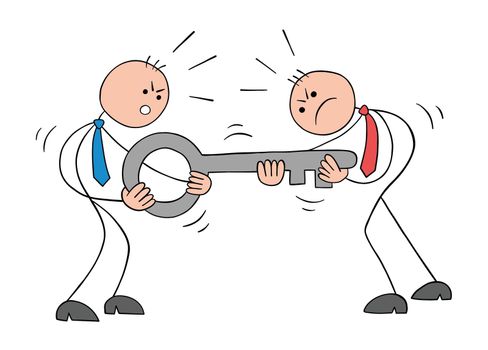 Two stickmen businessmen so angry and fighting for the key. Hand drawn outline cartoon vector illustration.