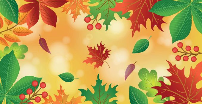 Realistic autumn foliage, background with bokeh - Vector illustration