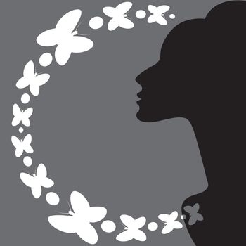 Illustration on a square background on the theme of inspiration - elegant female profile and butterflies. Design element of books, notebooks, postcards, interior items. Background for a website, mobile app, or blog. Inspiration, femininity, magic, surreal, feminine charm, charm