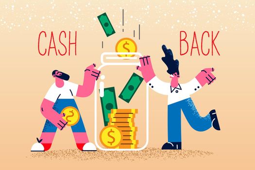 Smiling people put money in glass jar get passive income or earning. Happy men and women receive cashback from buying or purchase. Financial success and profit. Flat vector illustration.