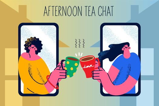 Happy women friends drink tea have online meeting or video call on smartphone at lockdown. Smiling girlfriends enjoy afternoon coffee chat talk on webcam event at quarantine. Vector illustration.