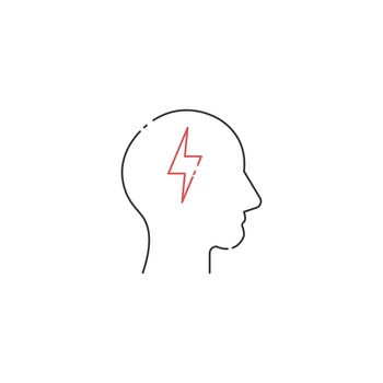 Linear human head with thin line lightning. concept of genius person and eureka or frustration. migraine icon. Editable stroke. Stock vector illustration