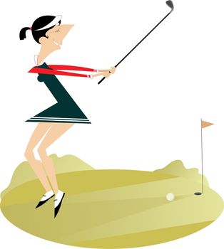Cartoon golfer woman aiming to do a good kick isolated on white