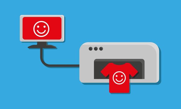 A vector illustration of print on demand process. Computer and printer. Red t-shirt with smile face on blue background with shadows.