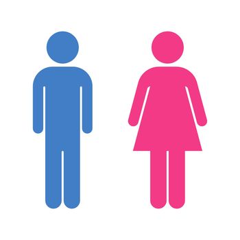 Man and woman pictogram isolated on white background. Restroom icon. Stick figures of man and woman. Blue male symbol. Pink female symbol. Couple pictogram.