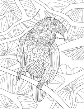 Bird Standing On Tree Branch Line Drawing With Leaves Detailed Background
